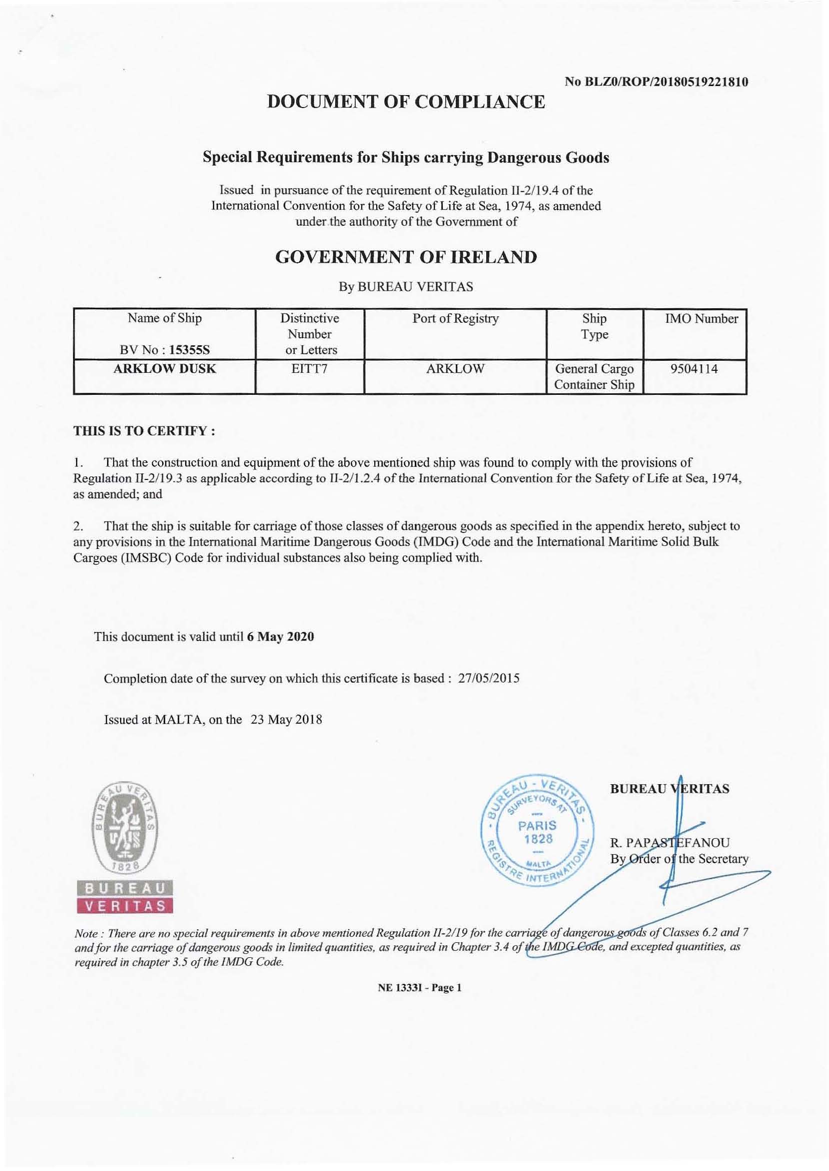 document of compliance for carrying dangerous goods